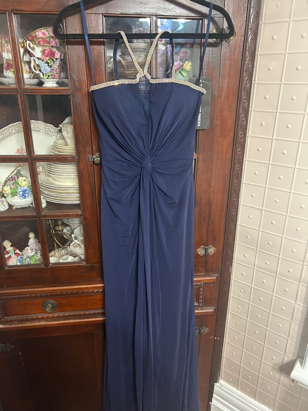 Navy Maxi Evening Dress with Crystal-Trim Straps